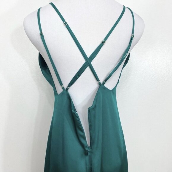 MARCIANO GREEN SATIN SLEEVELESS RUFFLE HIGH LOW EVENING FORMAL GOWN DRESS - 2 - Picture 5 of 11